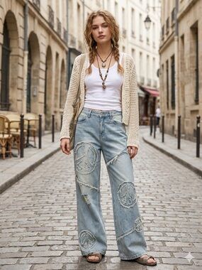 Blue Velvet Peace Sign Patchwork Pants Size S Oversized Will Fit Up To Medium